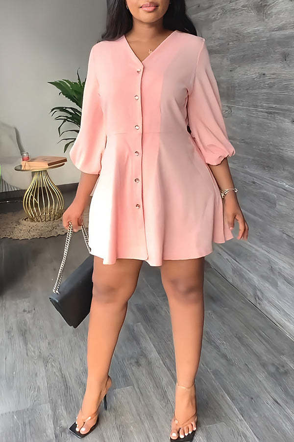 Temperament Solid Color V-neck Half Single Breasted A-Line Mini Dress-yoyobikini