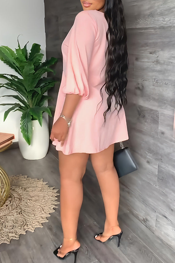 Temperament Solid Color V-neck Half Single Breasted A-Line Mini Dress-yoyobikini