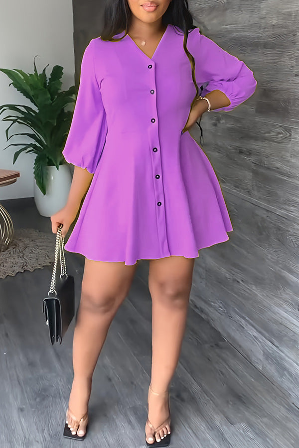 Temperament Solid Color V-neck Half Single Breasted A-Line Mini Dress-yoyobikini