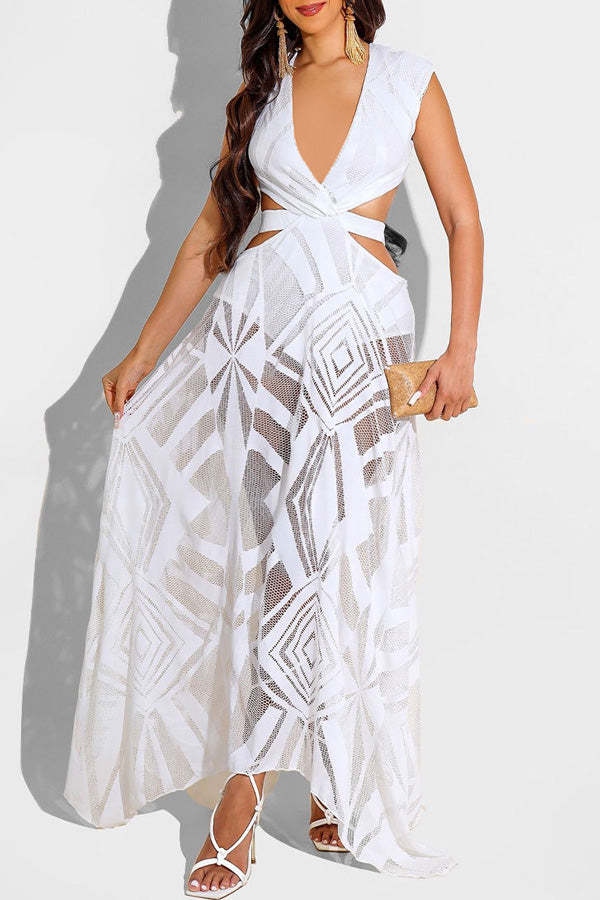 Sexy Sleeveless Deep V Neck Backless Lace-Up Cutout Maxi Dress