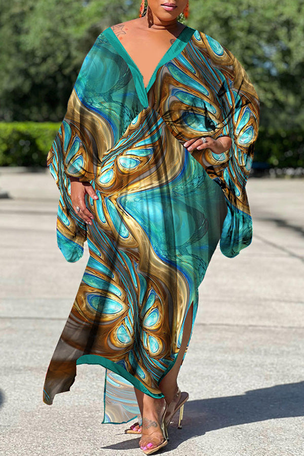 Sexy Plus Size Satin Print V-neck Batwing Sleeve Slit Loose Maxi Dress-yoyobikini