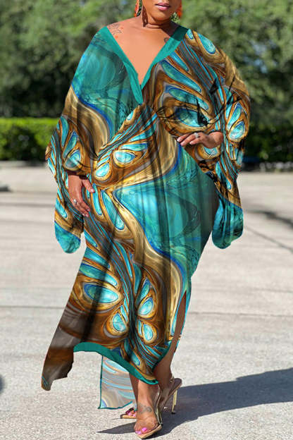 Sexy Plus Size Satin Print V-neck Batwing Sleeve Slit Loose Maxi Dress-yoyobikini