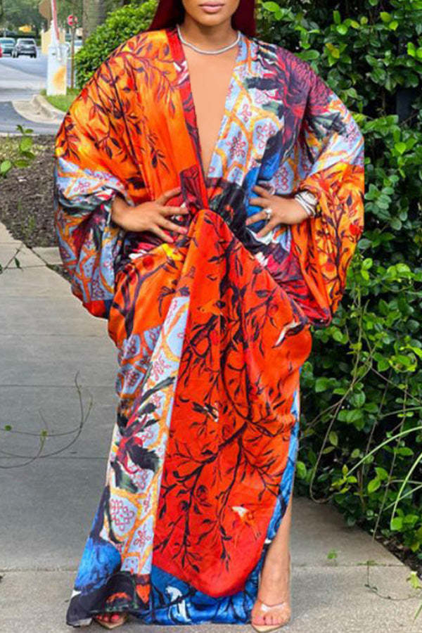 Sexy Plus Size Satin Print V-neck Batwing Sleeve Slit Loose Maxi Dress-yoyobikini