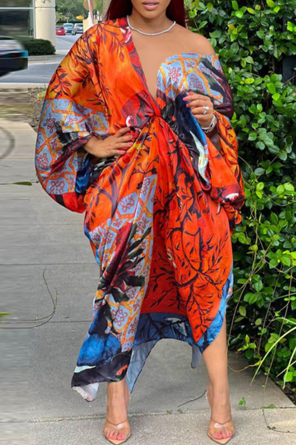 Sexy Plus Size Satin Print V-neck Batwing Sleeve Slit Loose Maxi Dress-yoyobikini