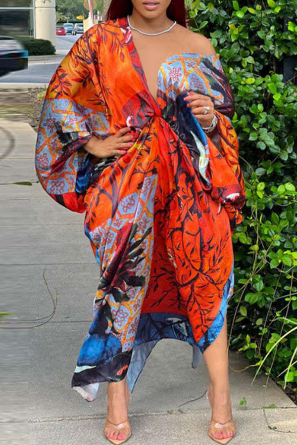 Sexy Plus Size Satin Print V-neck Batwing Sleeve Slit Loose Maxi Dress-yoyobikini