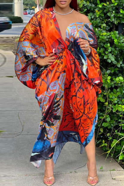 Sexy Plus Size Satin Print V-neck Batwing Sleeve Slit Loose Maxi Dress-yoyobikini