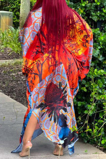 Sexy Plus Size Satin Print V-neck Batwing Sleeve Slit Loose Maxi Dress-yoyobikini
