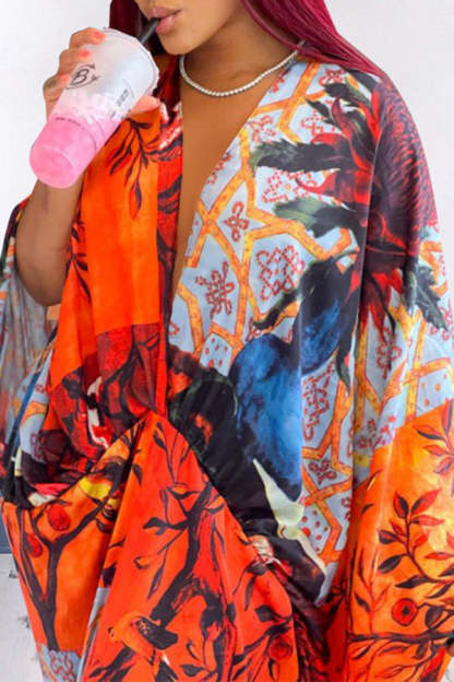 Sexy Plus Size Satin Print V-neck Batwing Sleeve Slit Loose Maxi Dress-yoyobikini