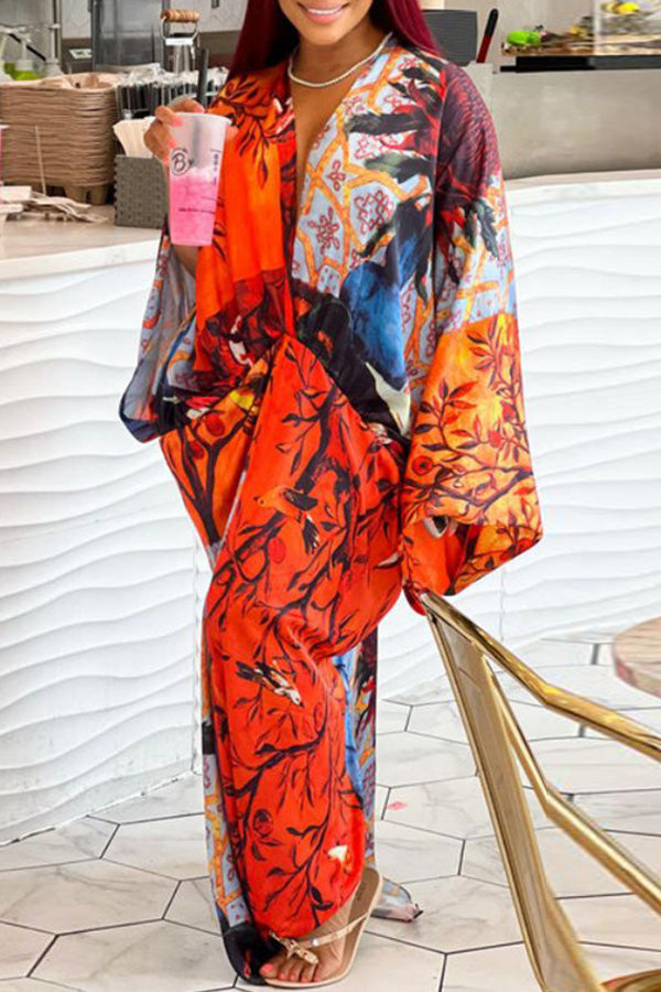 Sexy Plus Size Satin Print V-neck Batwing Sleeve Slit Loose Maxi Dress-yoyobikini