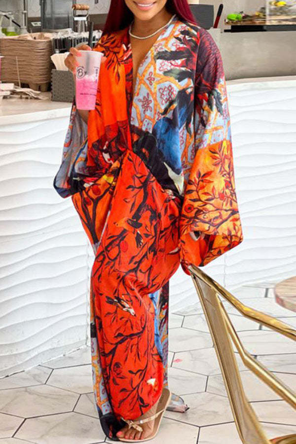 Sexy Plus Size Satin Print V-neck Batwing Sleeve Slit Loose Maxi Dress-yoyobikini