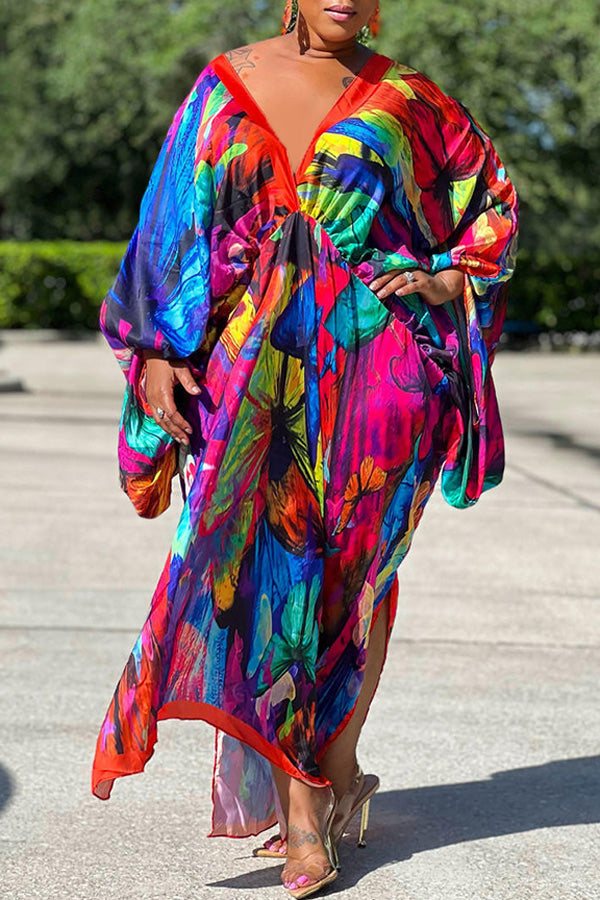 Sexy Plus Size Satin Print V-neck Batwing Sleeve Slit Loose Maxi Dress-yoyobikini