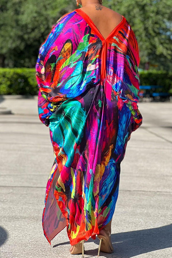 Sexy Plus Size Satin Print V-neck Batwing Sleeve Slit Loose Maxi Dress-yoyobikini