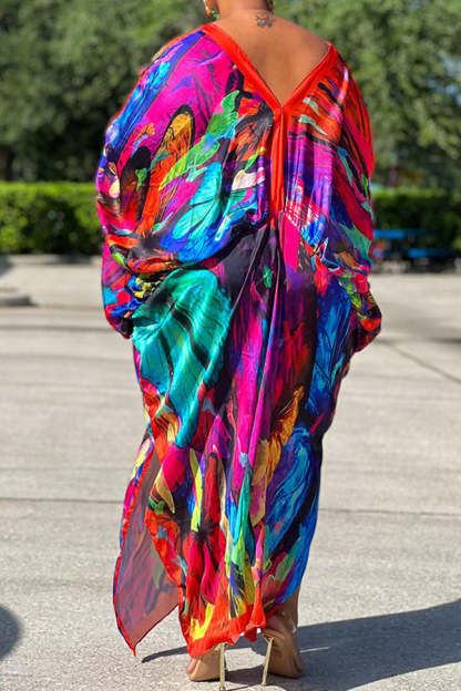 Sexy Plus Size Satin Print V-neck Batwing Sleeve Slit Loose Maxi Dress-yoyobikini