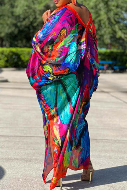 Sexy Plus Size Satin Print V-neck Batwing Sleeve Slit Loose Maxi Dress-yoyobikini