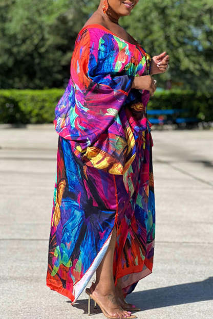 Sexy Plus Size Satin Print V-neck Batwing Sleeve Slit Loose Maxi Dress-yoyobikini