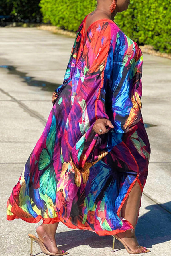 Sexy Plus Size Satin Print V-neck Batwing Sleeve Slit Loose Maxi Dress-yoyobikini