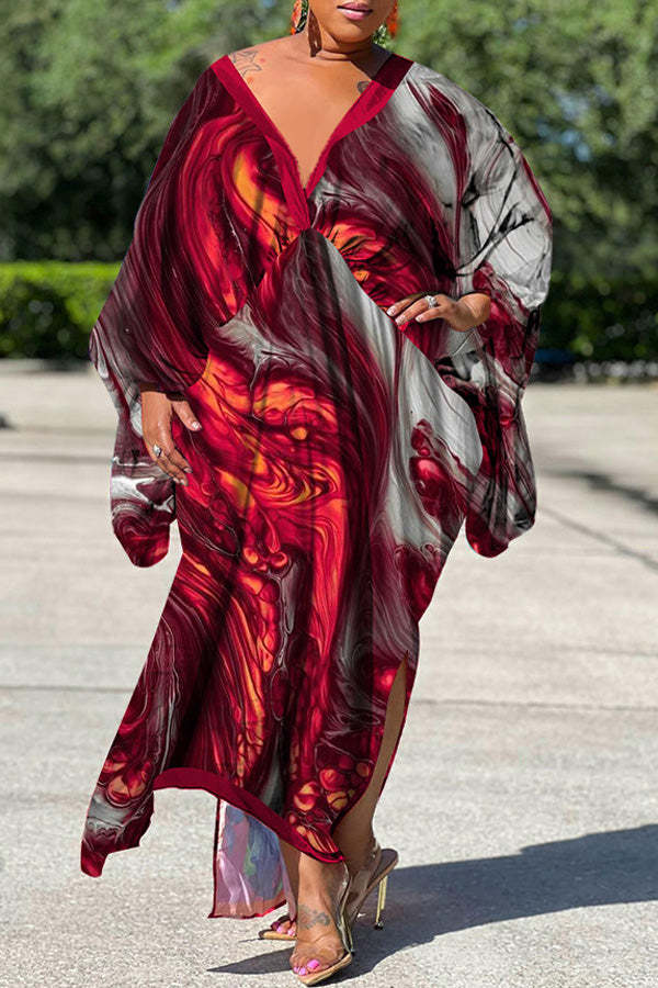 Sexy Plus Size Satin Print V-neck Batwing Sleeve Slit Loose Maxi Dress-yoyobikini