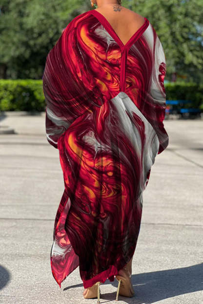 Sexy Plus Size Satin Print V-neck Batwing Sleeve Slit Loose Maxi Dress-yoyobikini