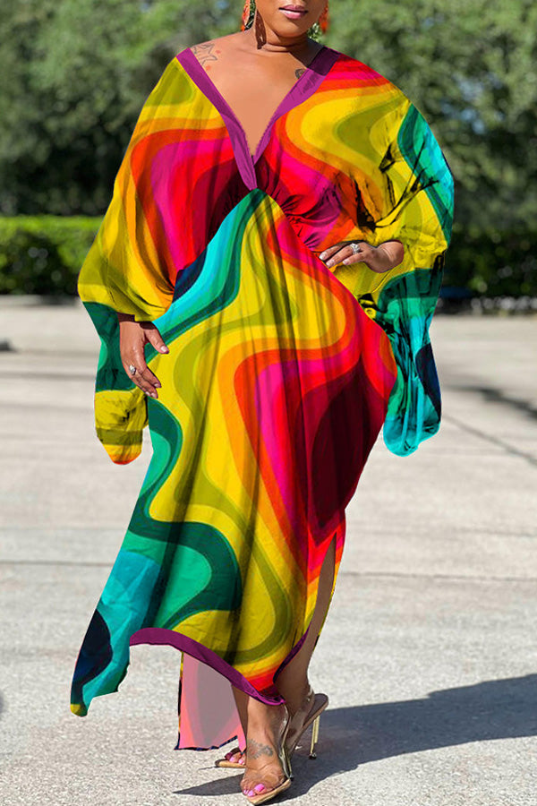 Sexy Plus Size Satin Print V-neck Batwing Sleeve Slit Loose Maxi Dress-yoyobikini
