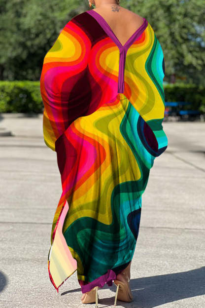 Sexy Plus Size Satin Print V-neck Batwing Sleeve Slit Loose Maxi Dress-yoyobikini