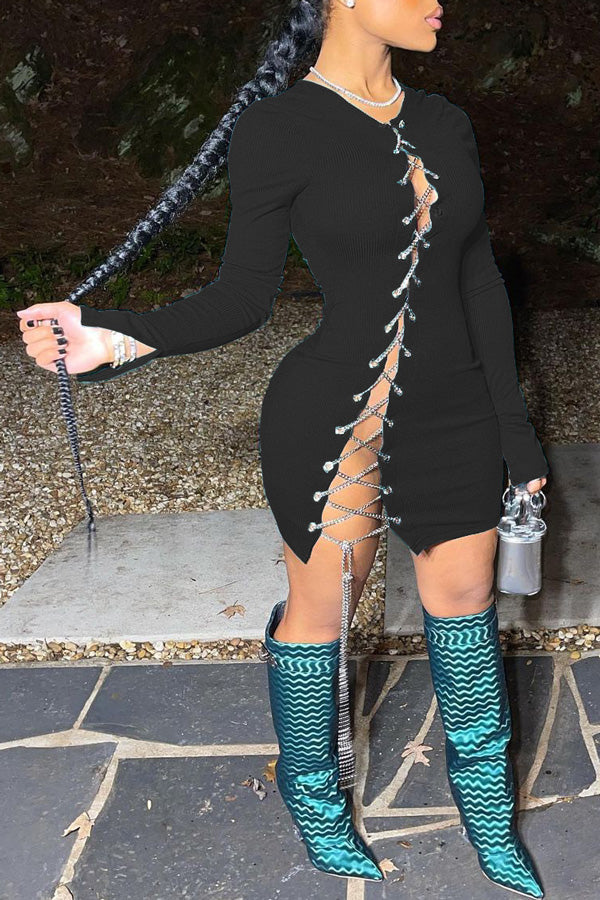 Sexy Cutout Lace-Up Solid Color Long Sleeve Mini Dress-yoyobikini