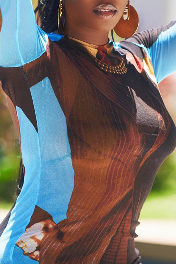 Trendy Suit Pattern Print Backless Round Neck Long Sleeve Maxi Dress-yoyobikini