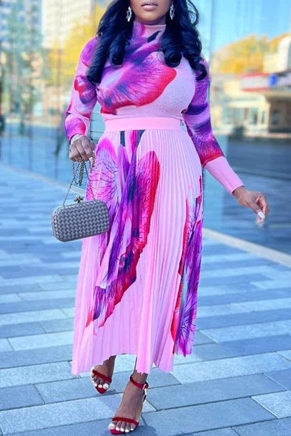 Temperament Flower Print Long Sleeve Stitching Pleated Maxi Dress
