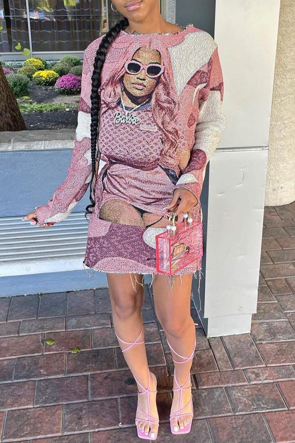 Fashion Character Print Round Neck Long Sleeve Mini Dress-yoyobikini
