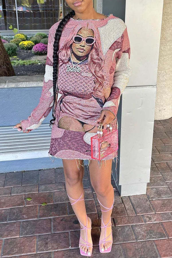 Fashion Character Print Round Neck Long Sleeve Mini Dress-yoyobikini