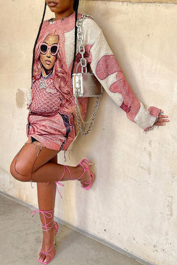 Fashion Character Print Round Neck Long Sleeve Mini Dress-yoyobikini