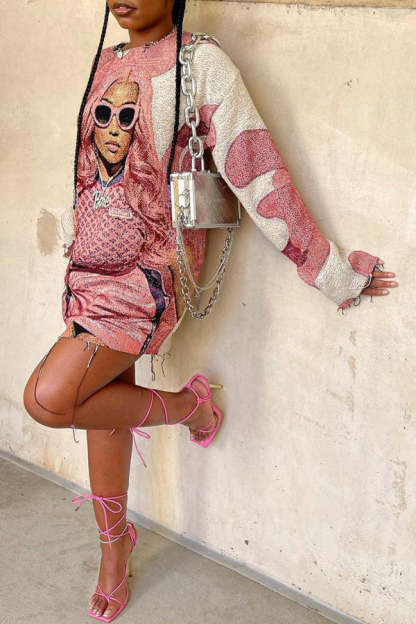 Fashion Character Print Round Neck Long Sleeve Mini Dress-yoyobikini