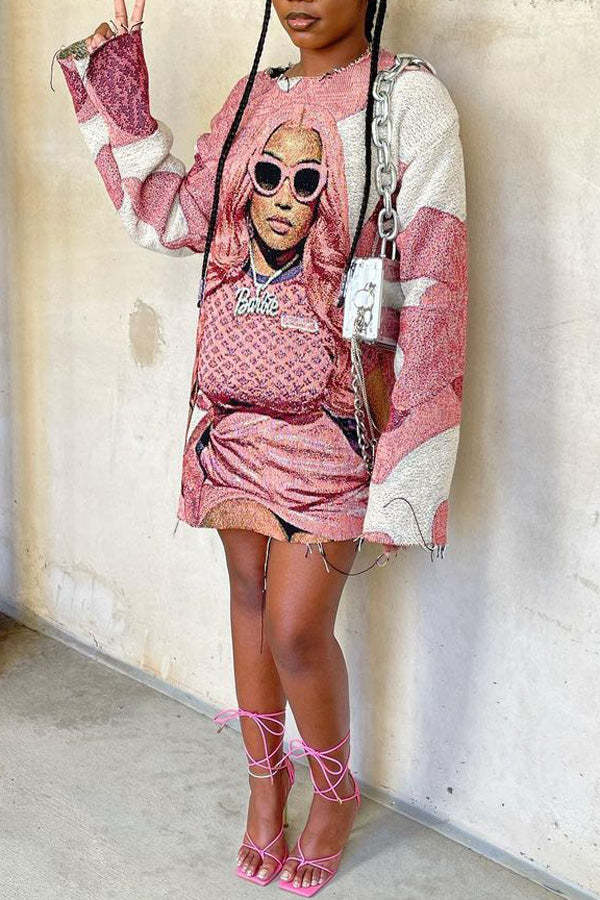 Fashion Character Print Round Neck Long Sleeve Mini Dress-yoyobikini