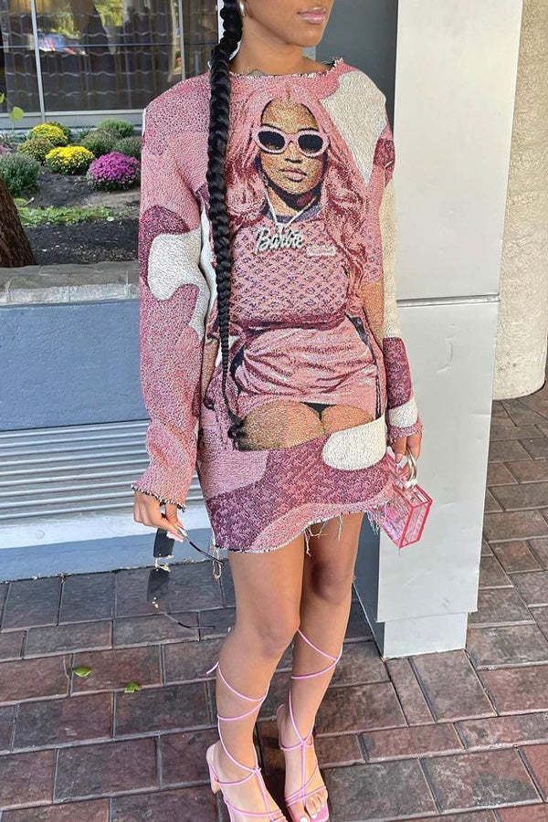 Fashion Character Print Round Neck Long Sleeve Mini Dress-yoyobikini