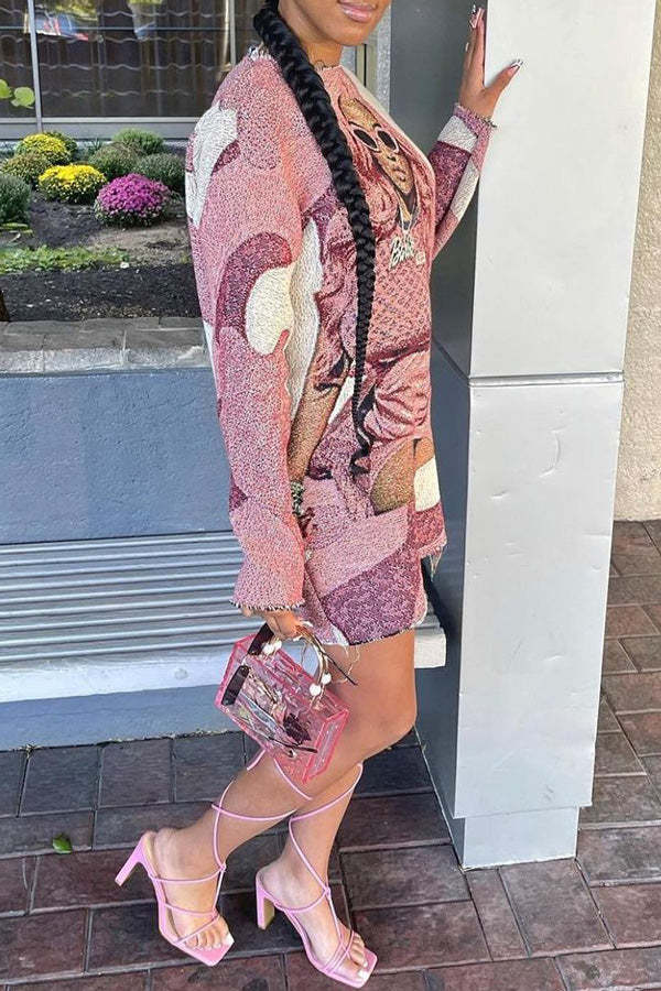 Fashion Character Print Round Neck Long Sleeve Mini Dress-yoyobikini