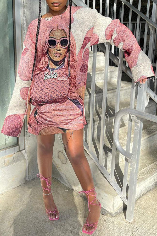 Fashion Character Print Round Neck Long Sleeve Mini Dress-yoyobikini