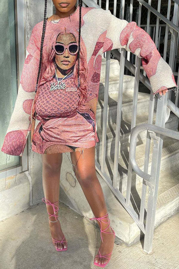 Fashion Character Print Round Neck Long Sleeve Mini Dress-yoyobikini
