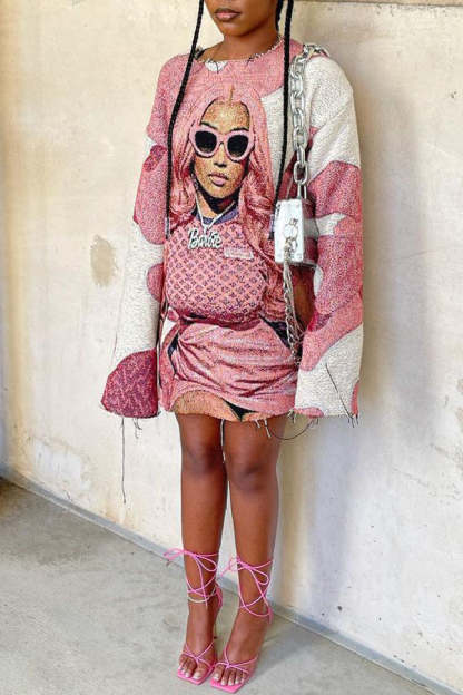 Fashion Character Print Round Neck Long Sleeve Mini Dress-yoyobikini