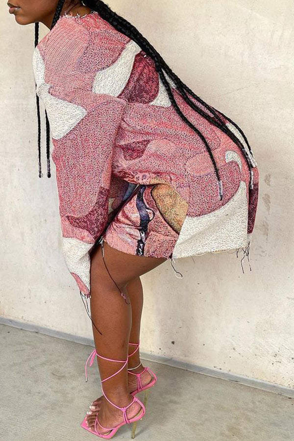 Fashion Character Print Round Neck Long Sleeve Mini Dress-yoyobikini