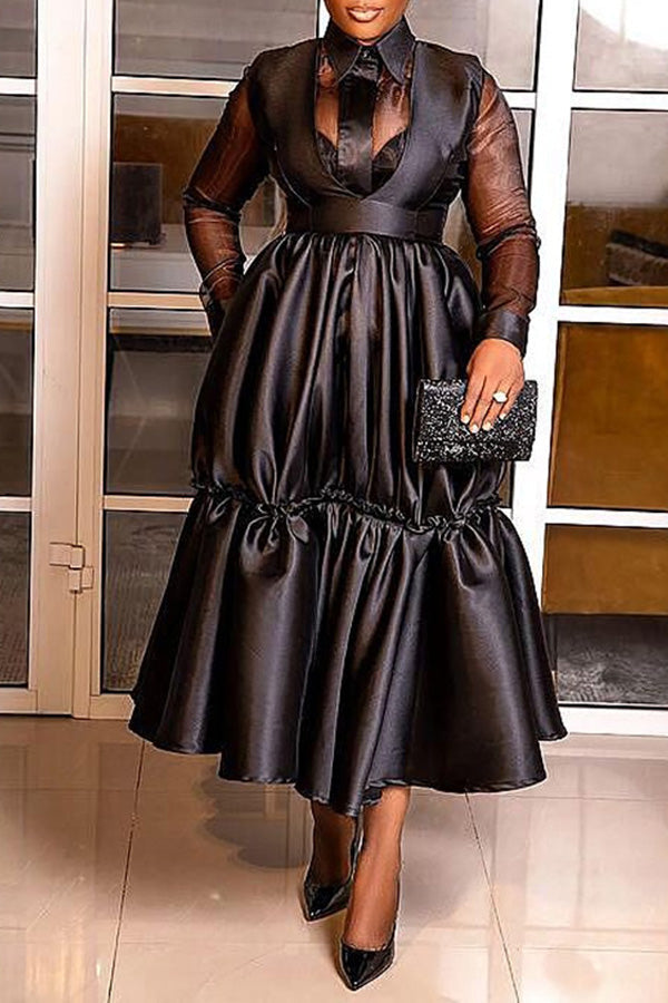 Elegant Solid Color Lapel Sheer Mesh Stitching Long Sleeve A-Line Maxi Dress-yoyobikini