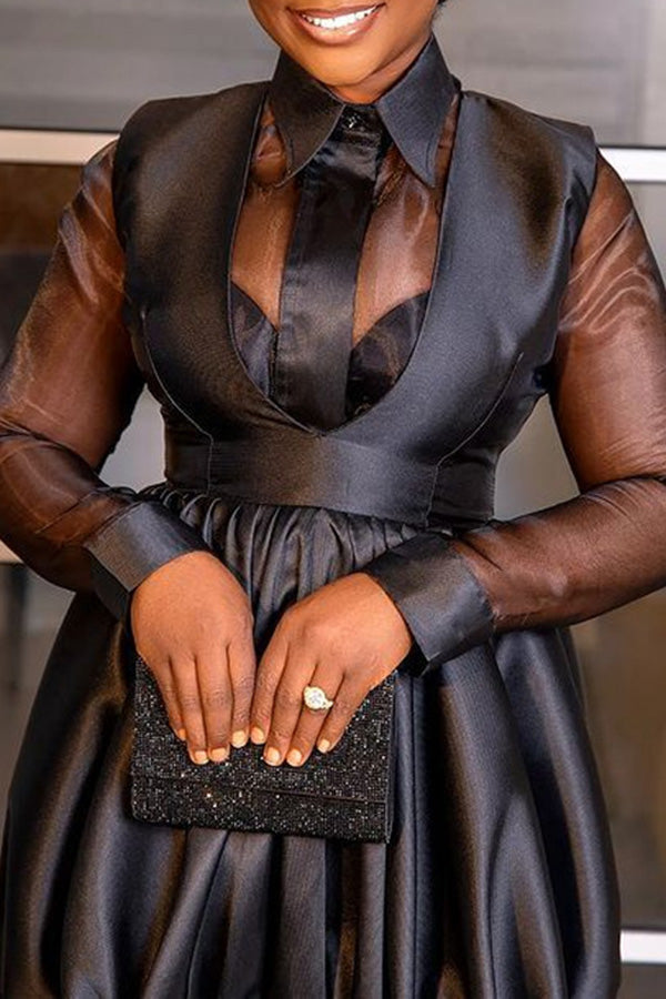 Elegant Solid Color Lapel Sheer Mesh Stitching Long Sleeve A-Line Maxi Dress-yoyobikini