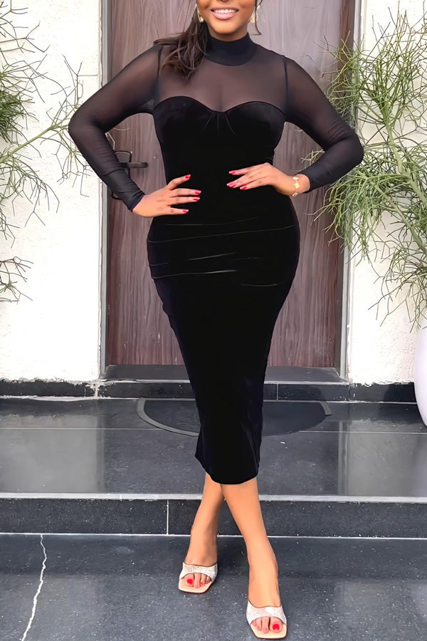 Feminine Mesh Stitching Long Sleeve Slim Fit Velour Solid Color Midi Dress-yoyobikini