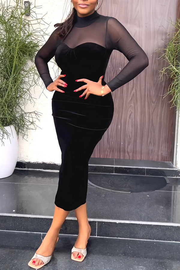 Feminine Mesh Stitching Long Sleeve Slim Fit Velour Solid Color Midi Dress-yoyobikini