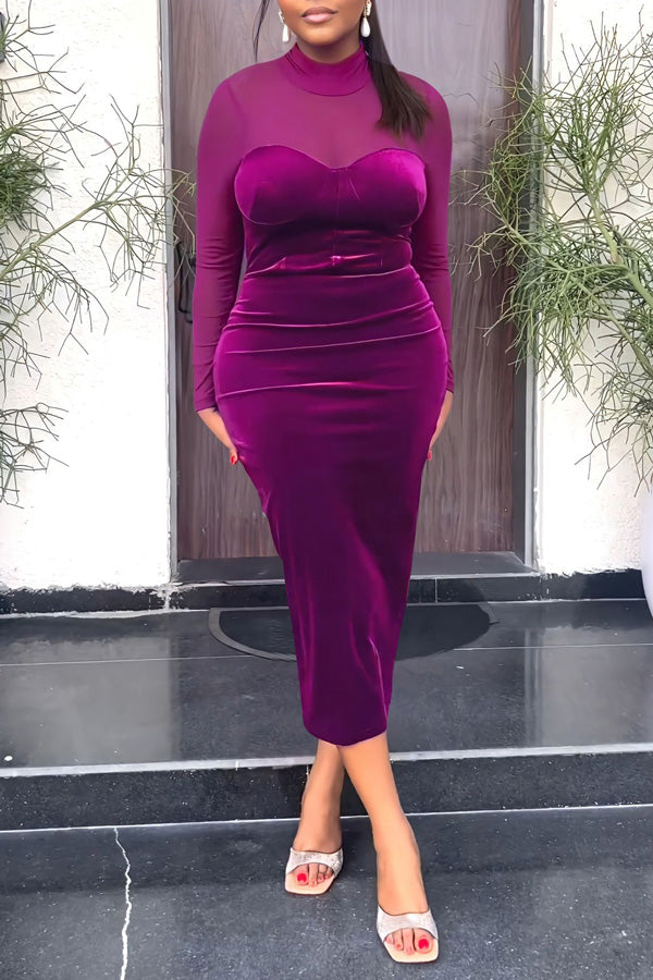 Feminine Mesh Stitching Long Sleeve Slim Fit Velour Solid Color Midi Dress-yoyobikini