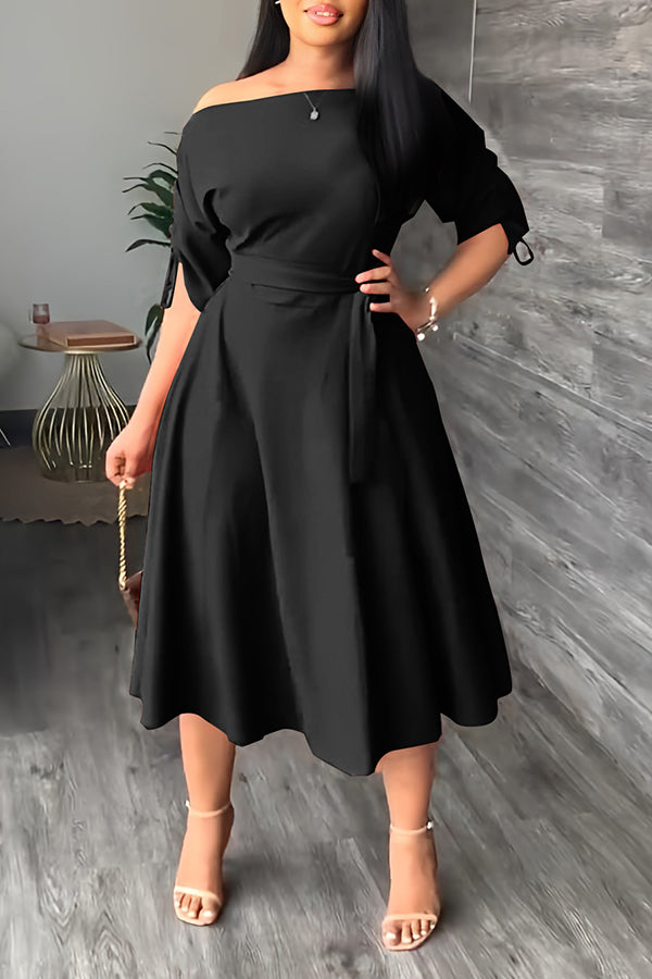 Fashion One-word Neck Waist Loose Swing Slit Casual Dress-yoyobikini