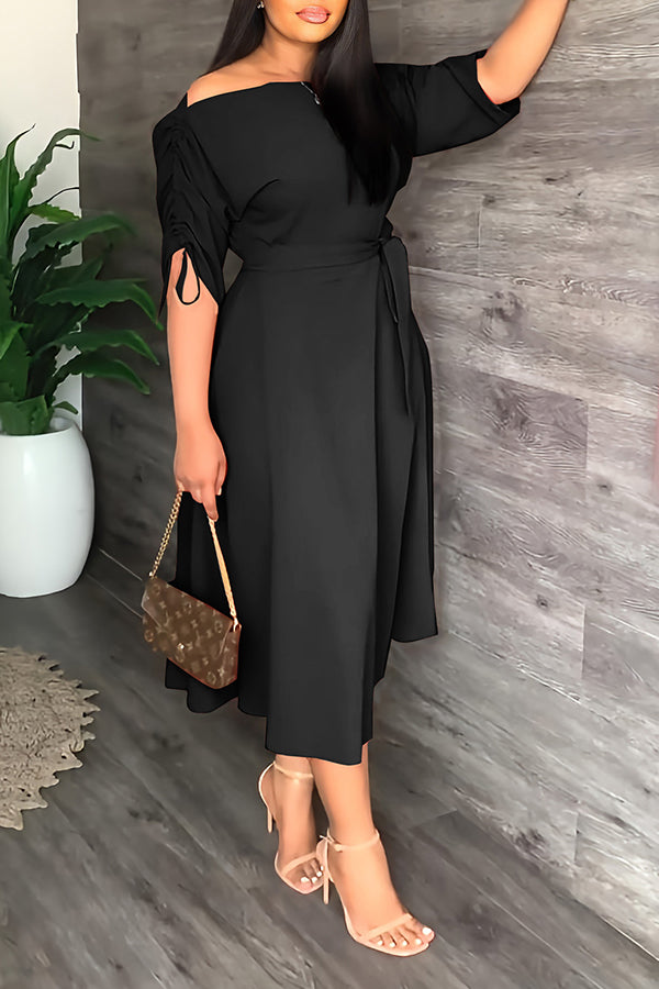 Fashion One-word Neck Waist Loose Swing Slit Casual Dress-yoyobikini