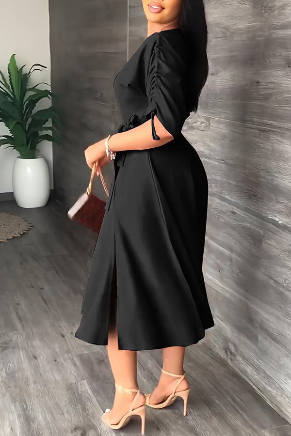 Fashion One-word Neck Waist Loose Swing Slit Casual Dress-yoyobikini