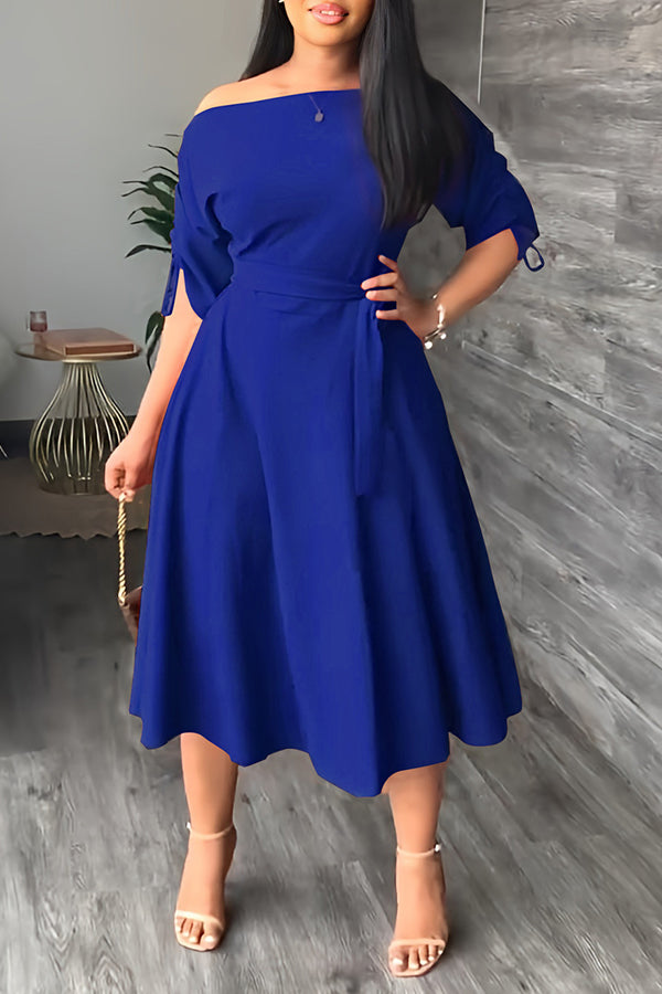 Fashion One-word Neck Waist Loose Swing Slit Casual Dress-yoyobikini