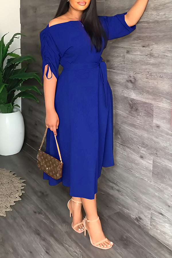 Fashion One-word Neck Waist Loose Swing Slit Casual Dress-yoyobikini
