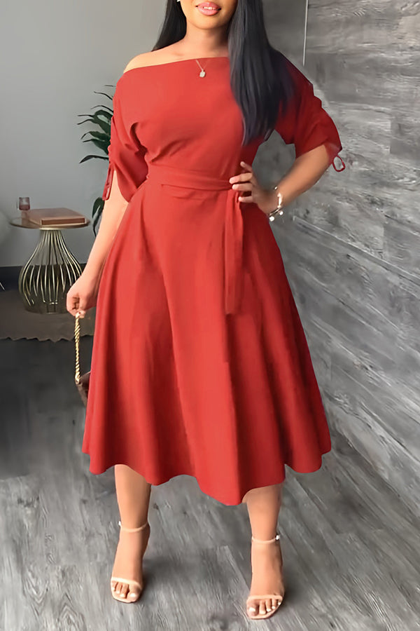 Fashion One-word Neck Waist Loose Swing Slit Casual Dress-yoyobikini
