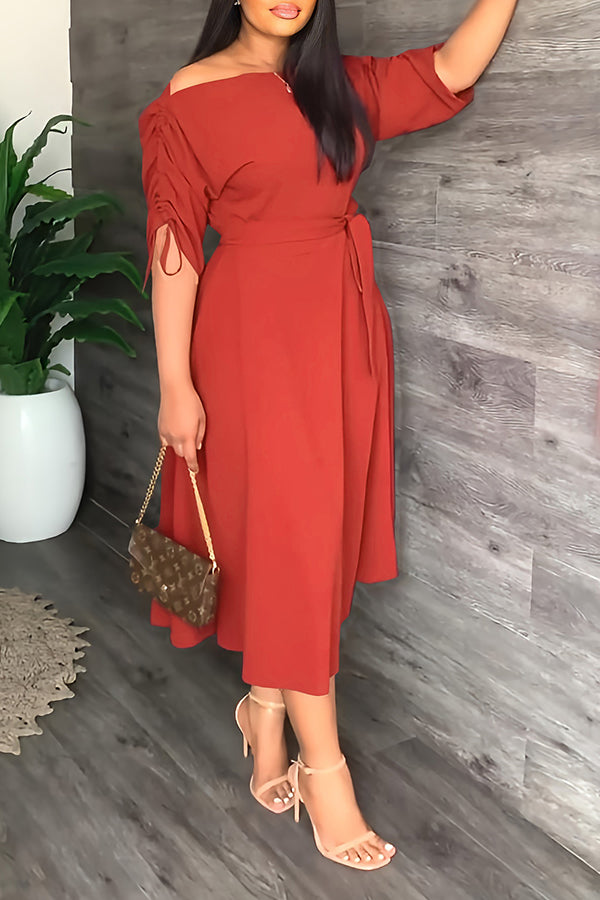 Fashion One-word Neck Waist Loose Swing Slit Casual Dress-yoyobikini